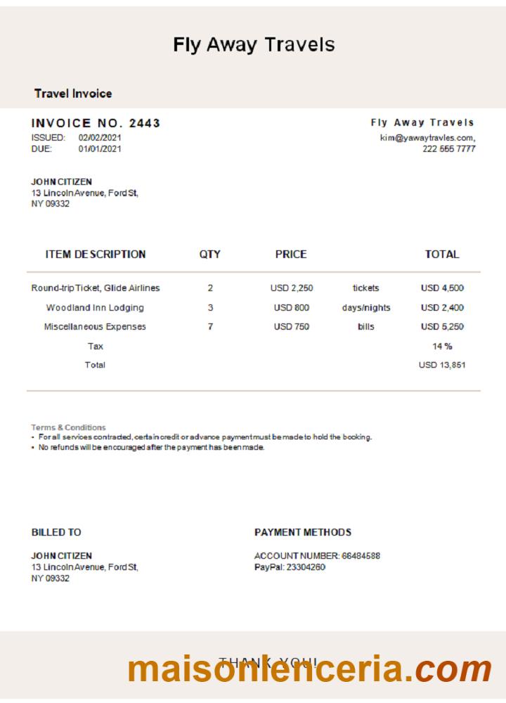 USA Fly Away Travels faktura słowo i PDF szablon